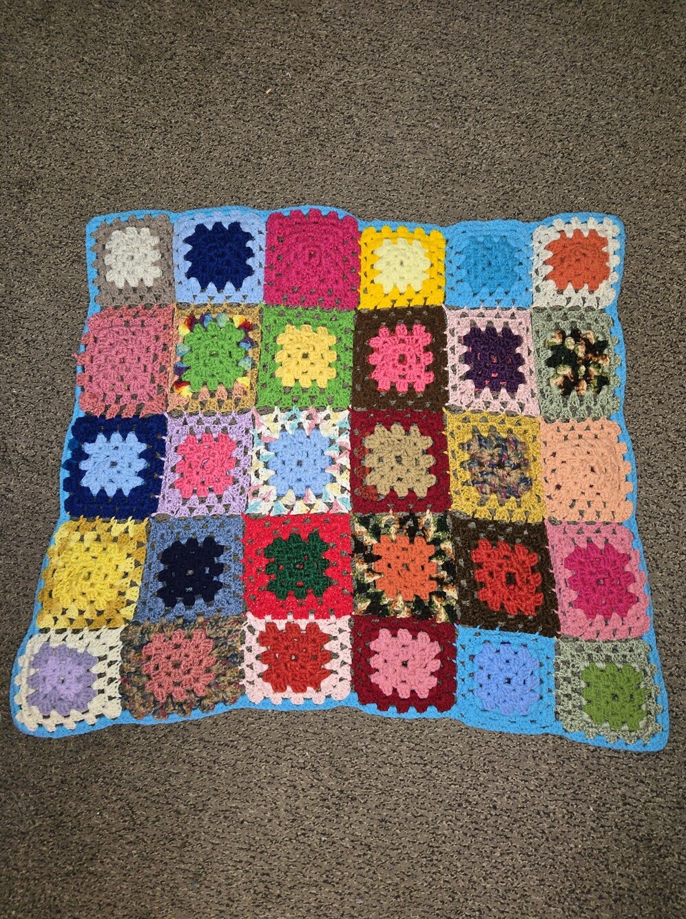 Handmade Brightly Colored Granny Square Crocheted Baby Blanket Different Yarns